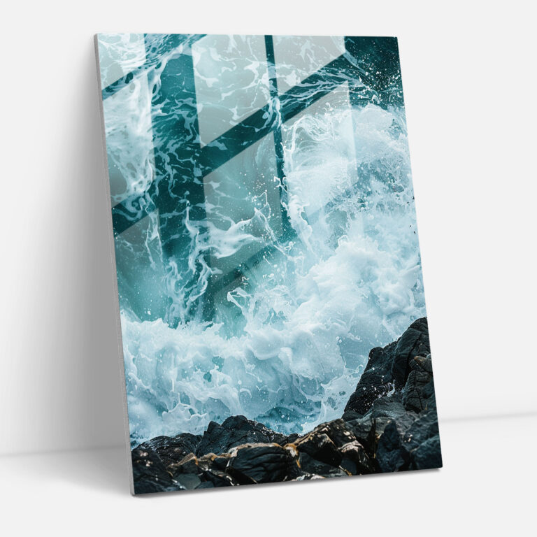 Ashvin Harrison Glass Print - Abstract Waves On Rocky Shore - Ashvin Harrison, Glass Wall Art, Home Decoration, Ashvin Harrison