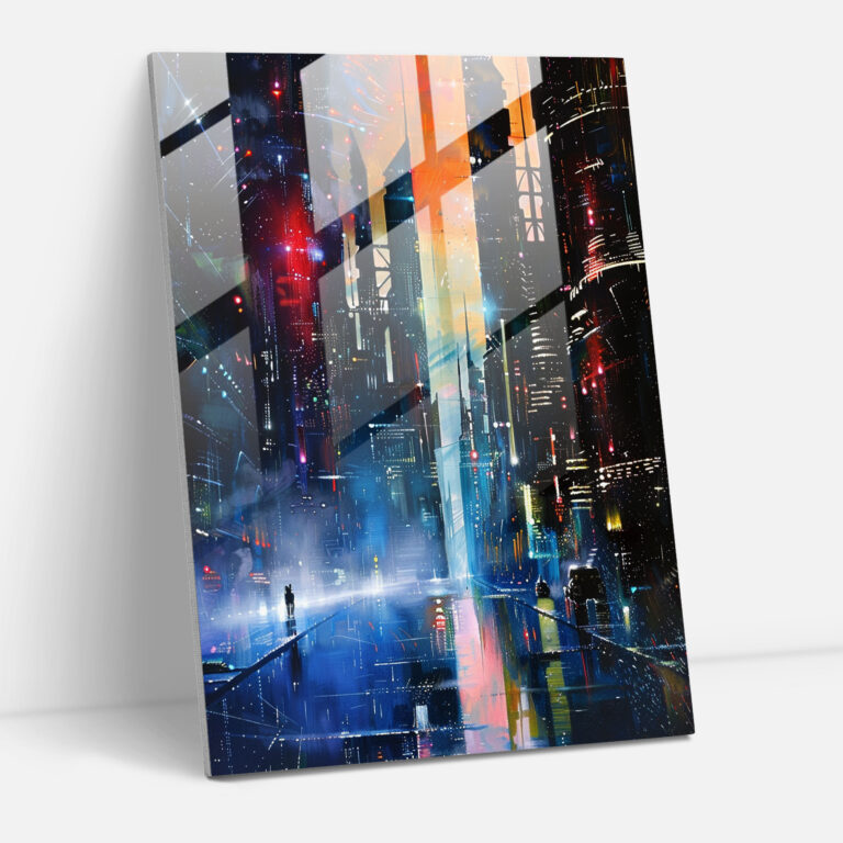Ashvin Harrison Glass Print - Retro Futuristic Cityscape - Ashvin Harrison, Glass Print, Modern Art, Wall Decoration