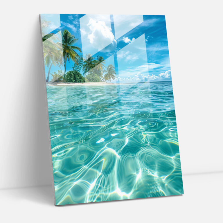 Ashvin Harrison Glass Print: Vibrant Tropical Paradise Glass Wall Art - Ashvin Harrison, Home Decoration, Crystal Clear Waters, Vibrant Tropical Paradise