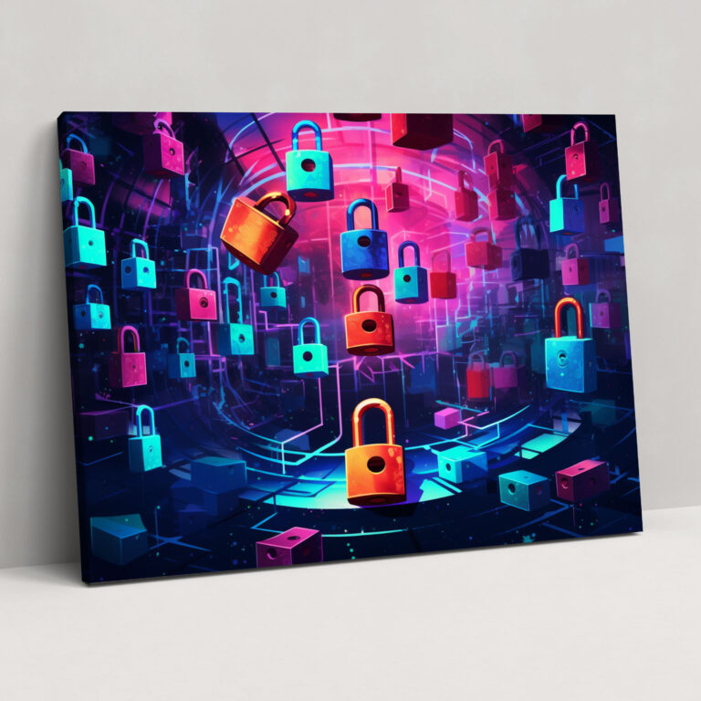 Secure Blockchain Network Canvas Print - Blockchain, Digital Illustration, Canvas Wall Art, Encryption Symbols