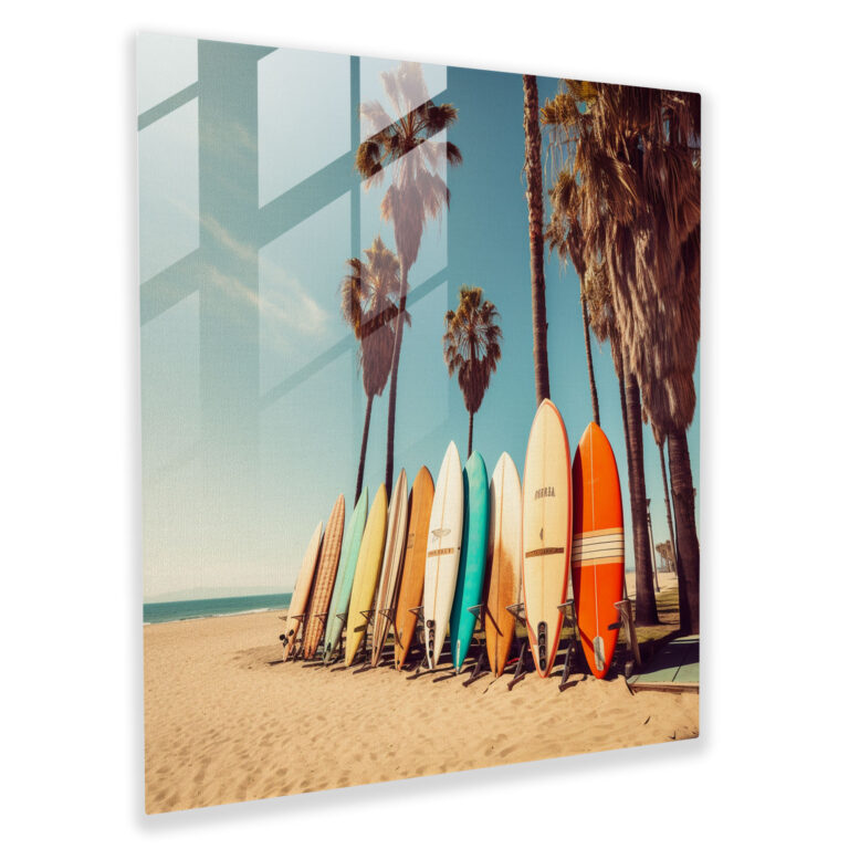 Vintage Surfboards Glass Print - Beach, Glass Print, Palm Trees, Modern Art