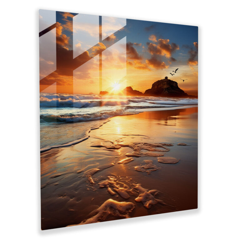 Golden Sunrise Glass Print - Beach, Dawn, Peaceful Beach, Golden Sunrise