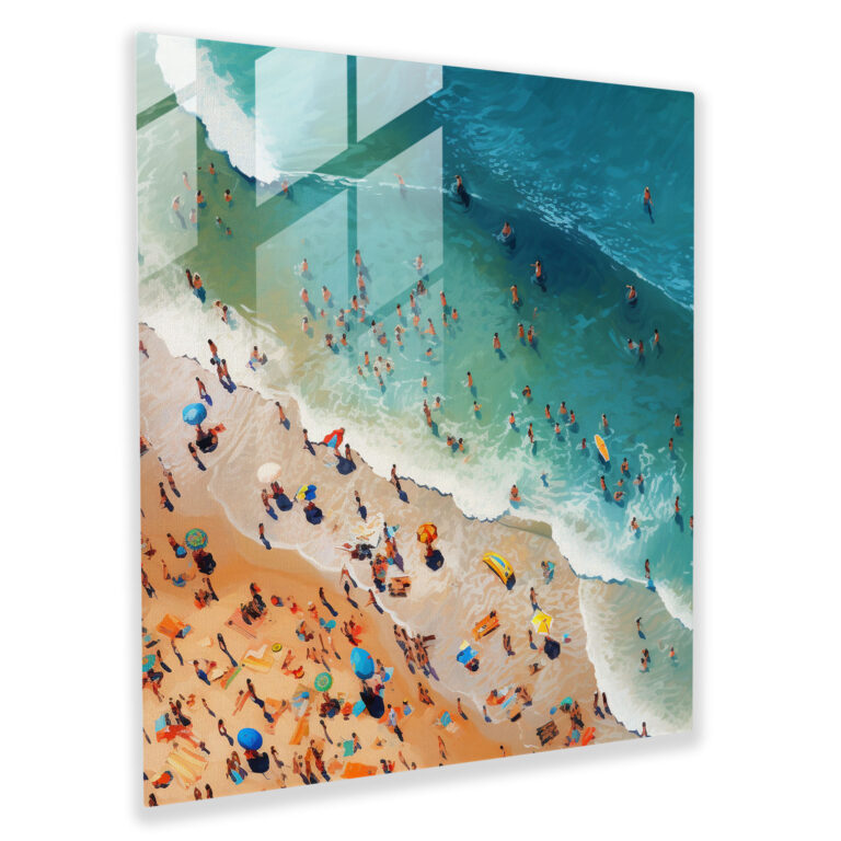 Vibrant Beach Crowd Glass Print - Beach, Vibrant Atmosphere, Modern Art, Home Decoration