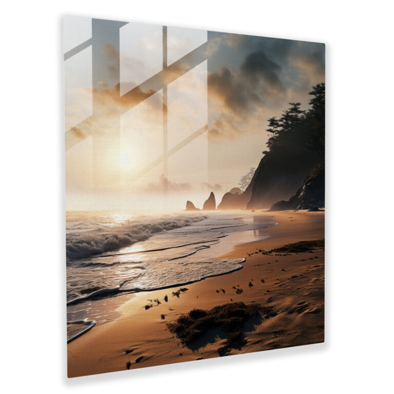 Misty Beach At Dawn Glass Print - Beach, Beach, Wall Decoration, Serene Atmosphere