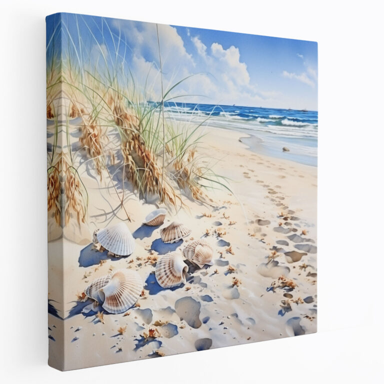 Seashell Beach Canvas Print - Beach, Realistic Watercolor Artwork, Home Decoration, Sand