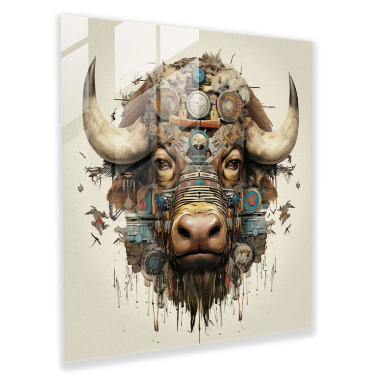 Cultural Buffalo Glass Print - Buffalo, Home Decoration, Glass Print, Digital Collage