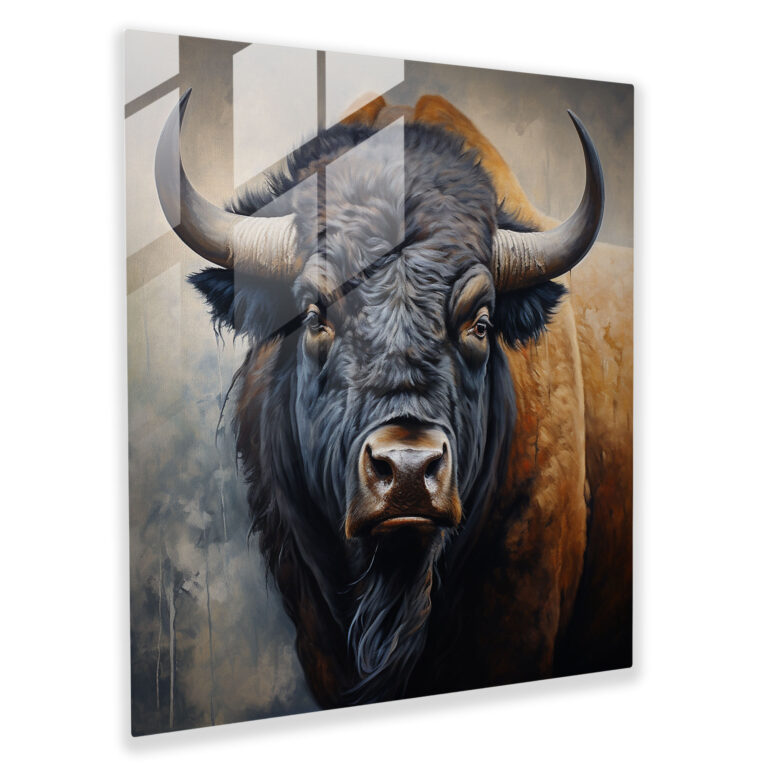 Majestic Buffalo Glass Print - Buffalo, Spirit Of The Buffalo, Oil Painting, Modern Art