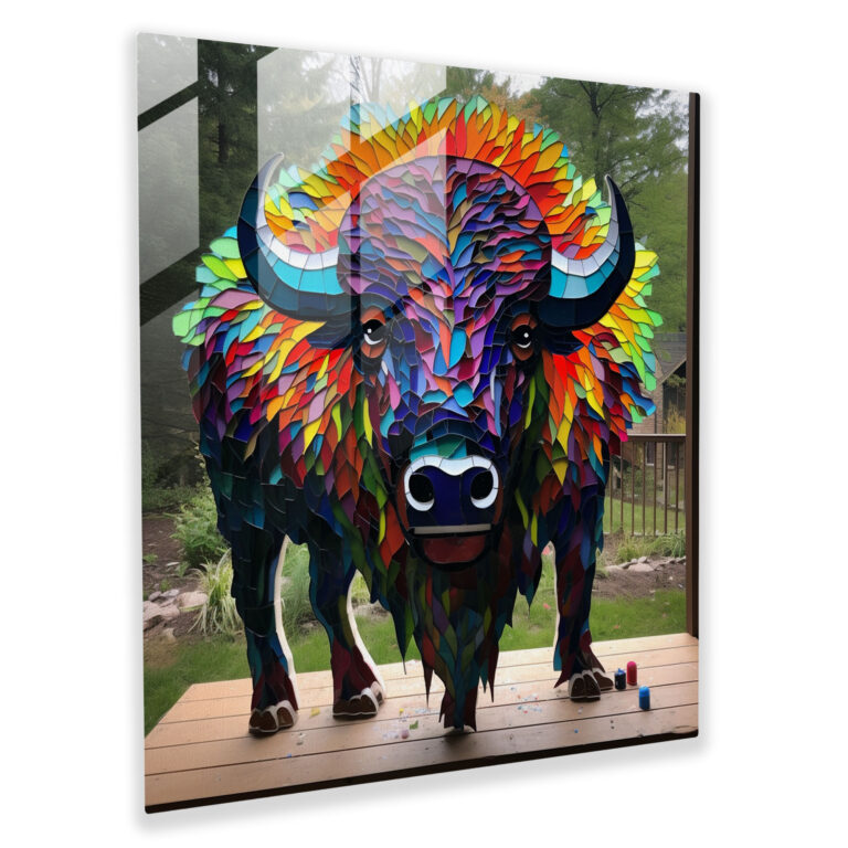 Colorful Mosaic Buffalo Glass Print - Buffalo, Artistry, Wall Decoration, Mosaic Artwork