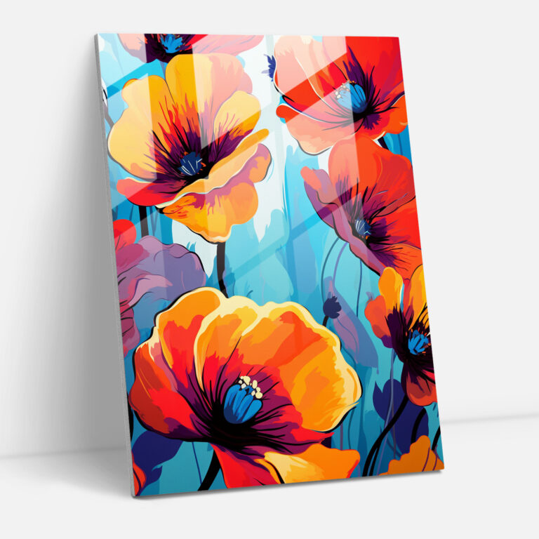 Playful Blooms Glass Print - Bleeding Flowers, Bold Tones, Wall Decoration, Glass Art