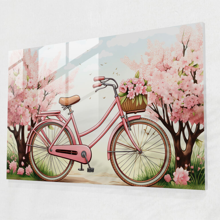 Vintage Bicycle Glass Print - Bicycle, Charming Countryside Setting, Wall Decoration, Blooming Flowers