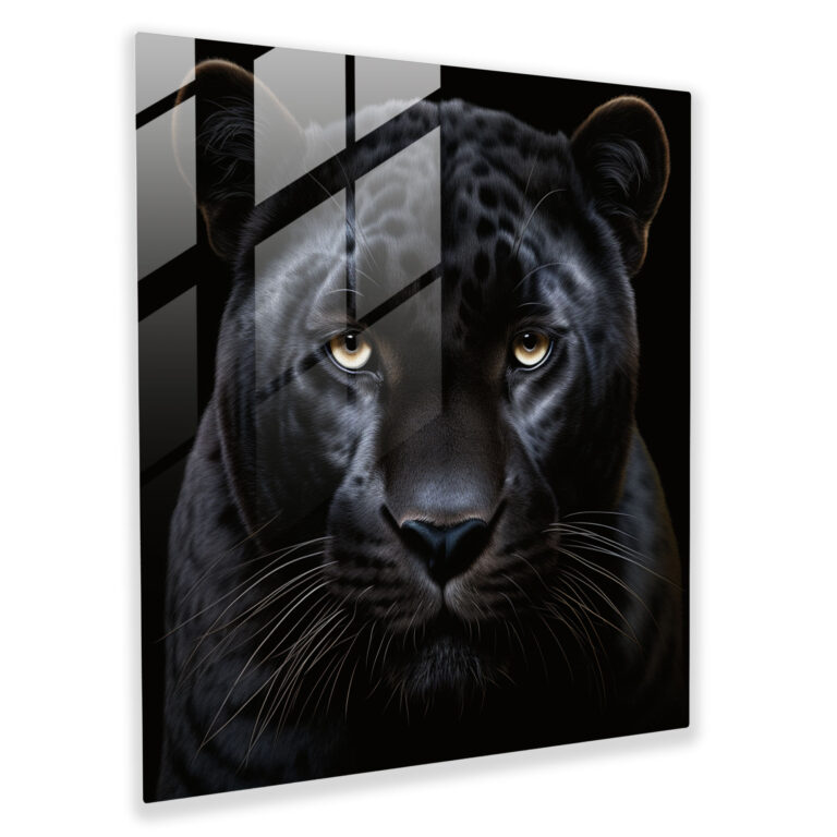 Majestic Presence Black Panther Glass Print - Black Panther, Intense Gaze, Black Panther, Glass Art