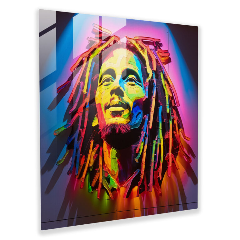 Bob Marley Glass Print - Neon Light Silhouette - Bob Marley, Silhouette, Neon Light, Glass Wall Art