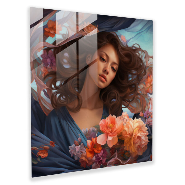Bohemian Woman With Colorful Flowers Glass Print - Bohemian, Bohemian, Digital Illustration, Glass Wall Art