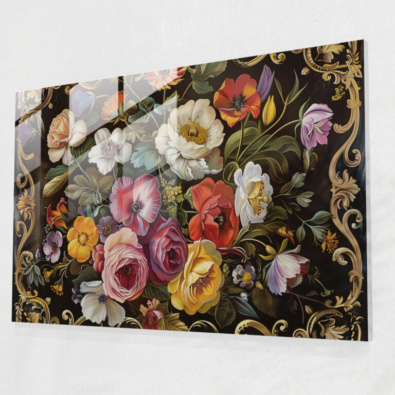 Vibrant Floral Arrangement Glass Wall Art - Baroque, Baroque Style Painting, Wall Decoration, Modern Art