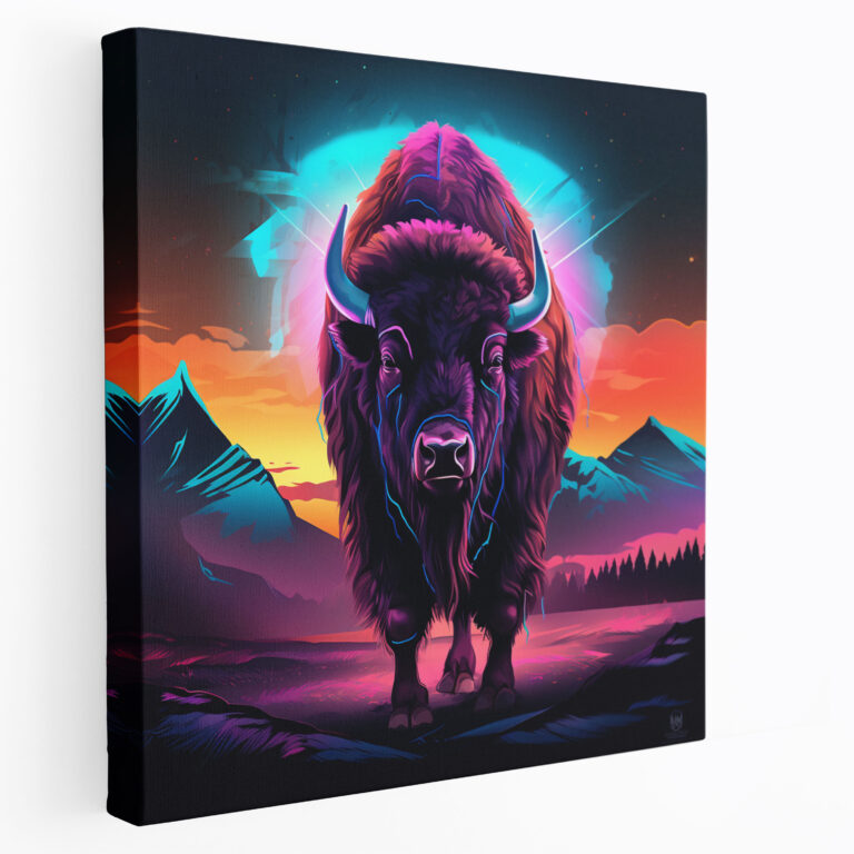 Buffalo Wall Decoration - Digital Art Canvas Print - Buffalo, Creativity, Canvas, Neon Landscape