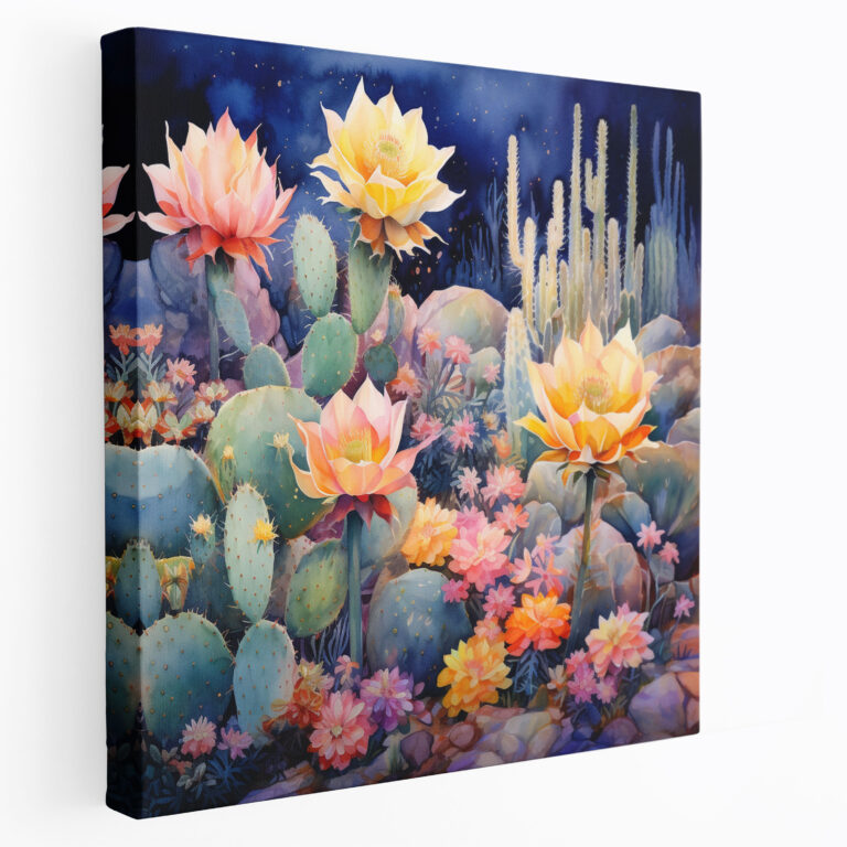 Cactus Canvas Print - Dreamy Watercolor Garden Wall Art - Cactus, Wall Decoration, Vibrant Flowers, Dreamy Watercolor Painting