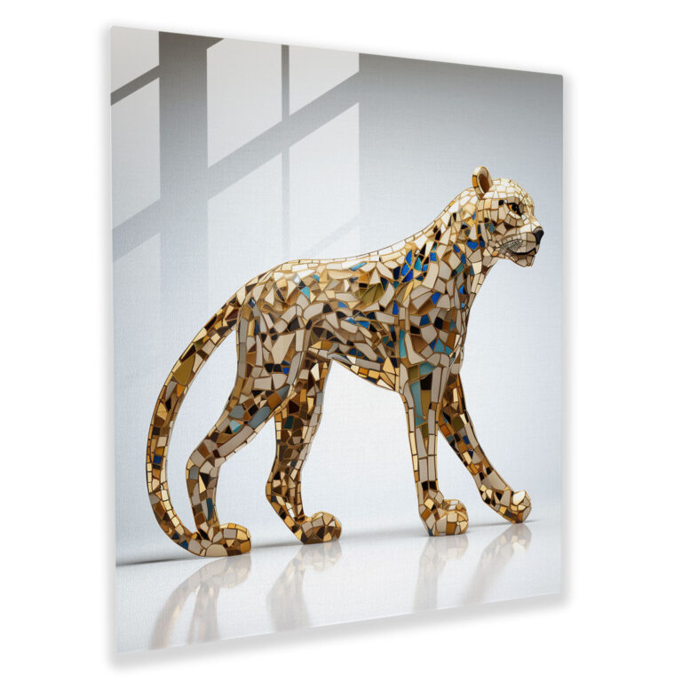 Cheetah Wall Decoration - Cheetah, Geometric Mosaic Design, Intricate Glass Pieces, Fusion