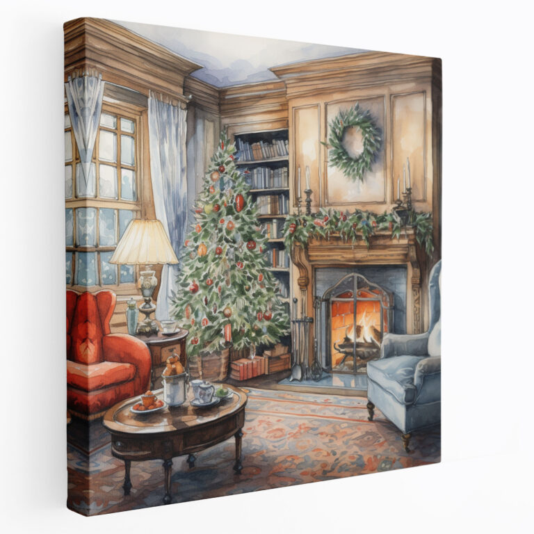 Christmas Canvas Print - Classic Watercolor Painting - Cozy Living Room - Christmas, Watercolor Painting, Christmas Eve, Canvas Wall Art