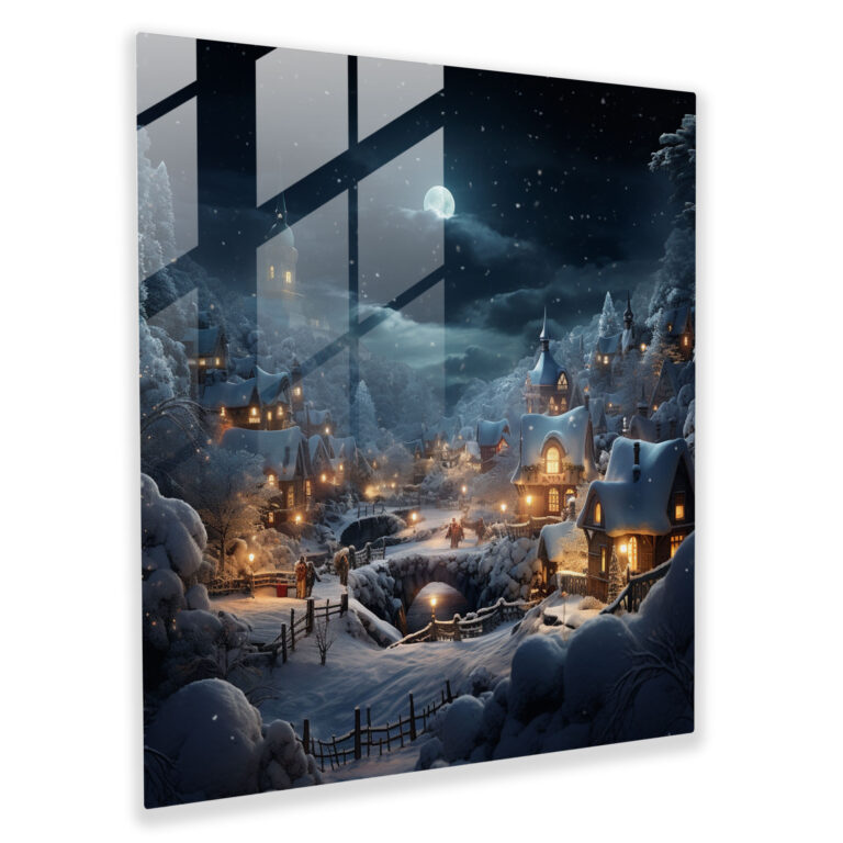 Contemporary Glass Print - Snow-Covered Winter Village - Christmas, Contemporary Digital Illustration, Serene Atmosphere, Glass Print