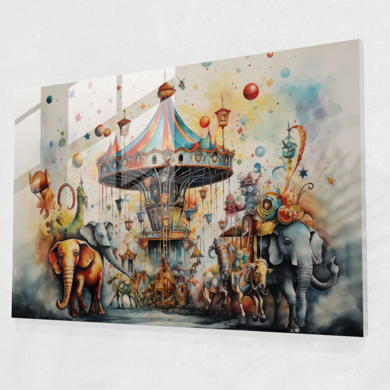 Whimsical Circus Glass Print - Circus, Wall Decoration, Decorated Animals, Circus Carousel