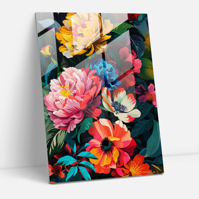 Pop Art Floral Painting Glass Print - Classicism+Popart, Combine Classicism With Pop Art Style, Glass Print, Modern Art