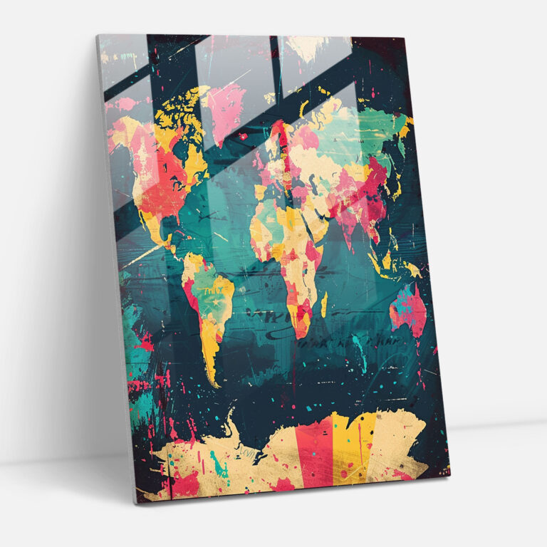Pop Art World Map Glass Print - Classicism+Popart, Glass Art, Modern Art, Combine Classicism With Pop Art