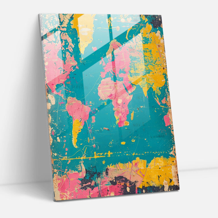 Pop World Map Glass Art - Classicism+Popart, Glass Wall Art, Home Decoration, Combine Classicism With Pop Art