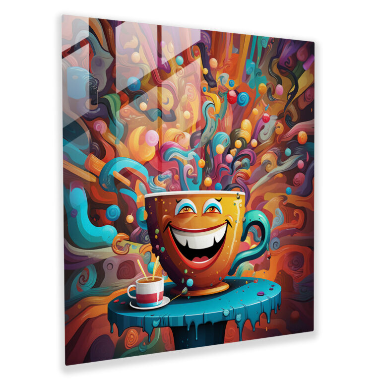 Whimsical Coffee Cup Glass Print - Coffee, Whimsical Illustration, Glass Art, Home Decoration