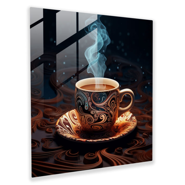 Swirling Coffee Glass Print - Coffee, Swirling Coffee Cup, Intricate Patterns, Steam