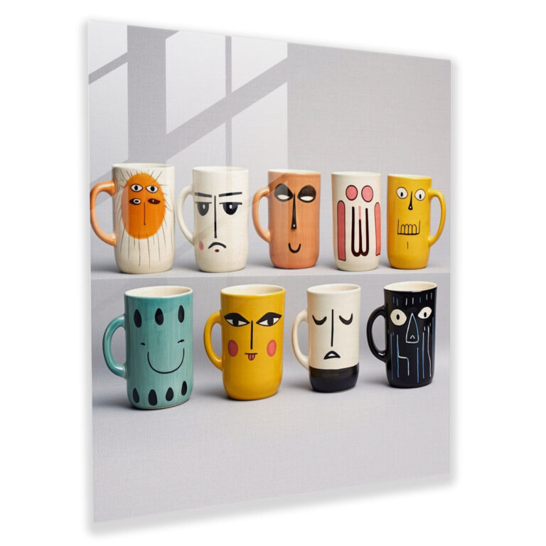 Whimsical Coffee Mugs Glass Print - Coffee, Coffee Mugs, Wall Decoration, Whimsical Illustration