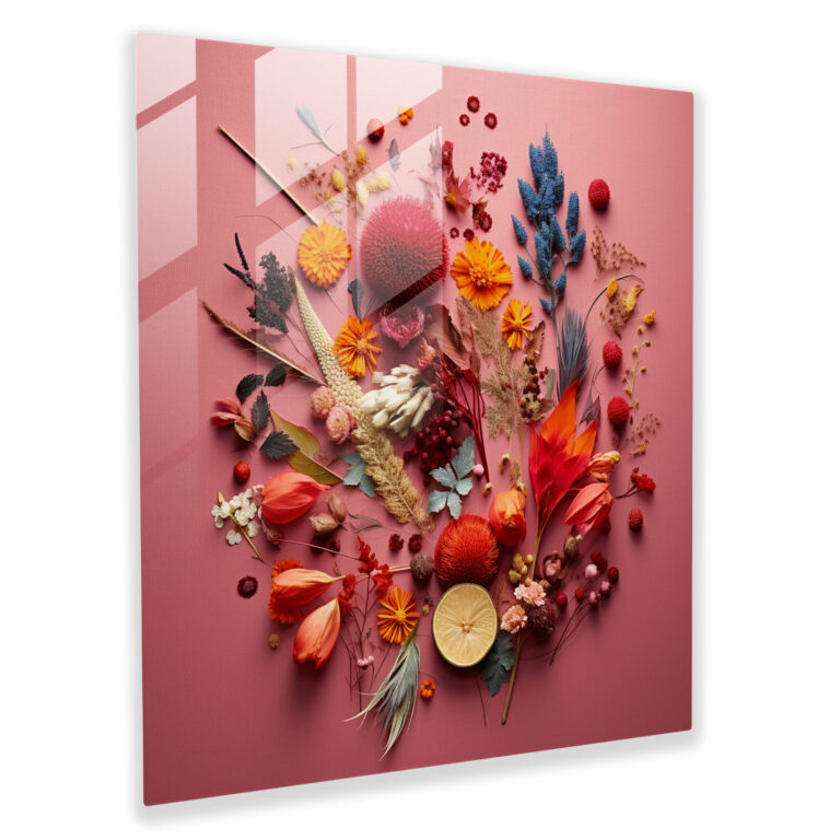 Dry Flower Glass Wall Art - Geometric Mosaic - Dry Flower, Geometric Pattern, Vibrant Tones, Home Decoration