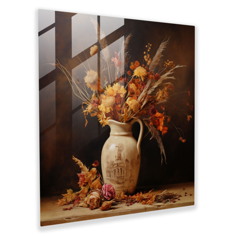 Still Life Dry Flower Glass Print - Dry Flower, Vase Filled With Dried Flowers, Dry Flower, Contemporary Still Life Painting