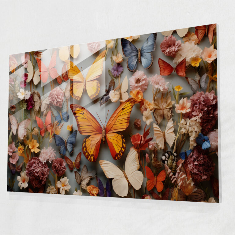 Dried Butterflies Serene Garden Glass Print - Dried Butterflies, Home Decoration, Glass Print, Dried Butterflies Photorealistic Collection