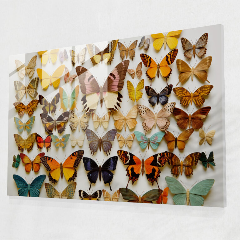 Vibrant Mosaic Of Dried Butterflies Glass Print - Dried Butterflies, Glass Art, Wall Decoration, Modern Art