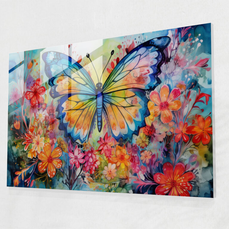 Butterflies Glass Print - Dried Butterflies, Glass Art, Wall Decoration, Colorful Flowers