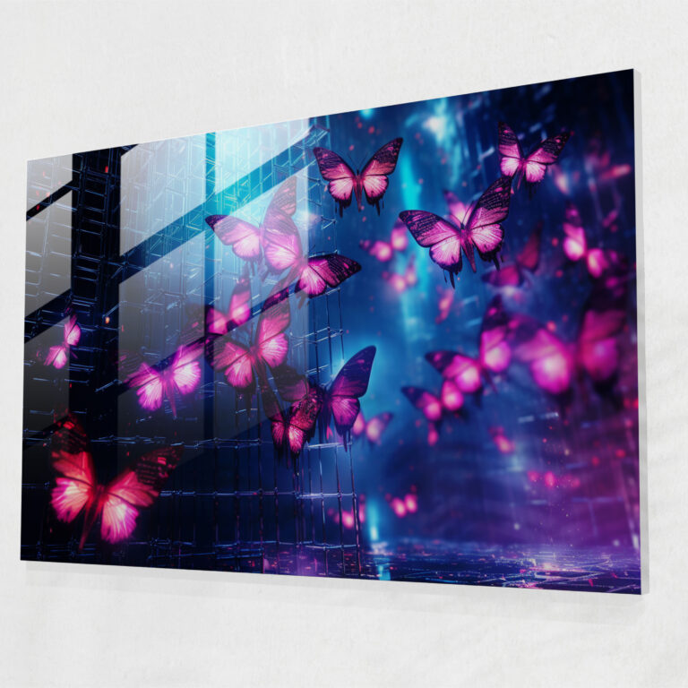 Futuristic Butterflies Glass Print - Dried Butterflies, Wall Decoration, Futuristic Digital Art, Butterflies