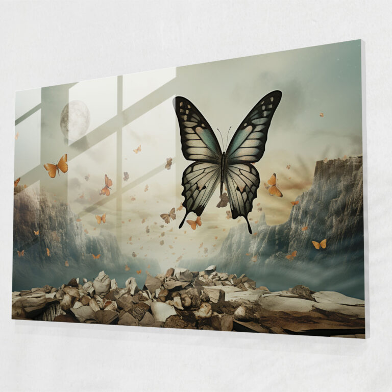 Transformational Butterflies Glass Print - Dried Butterflies, Dreamlike Backdrop, Glass Wall Art, Transformational Symbolism