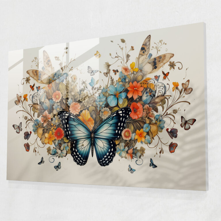 Whimsical Butterfly Glass Print - Dried Butterflies, Delicate Flowers, Tiny Crown, Glass Wall Art