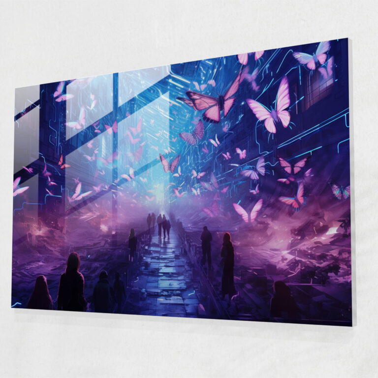 Neon Butterflies Glass Print - Dried Butterflies, Glass Art, Home Decoration, Digital Painting