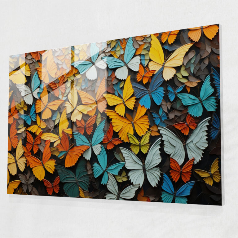 Geometric Butterfly Glass Print - Dried Butterflies, Intricate Pattern, Geometric Abstract Art, Glass Wall Art