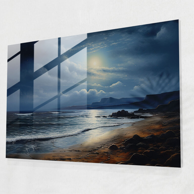 Moonlit Beach Glass Print - Earth, Romantic Painting, Wall Decoration, Coastline