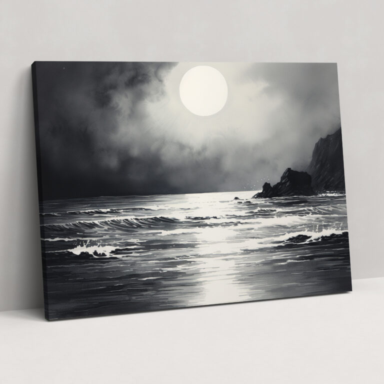 Moonlit Seascape Wall Art - Earth, Ink Wash Painting, Moon, Canvas Print