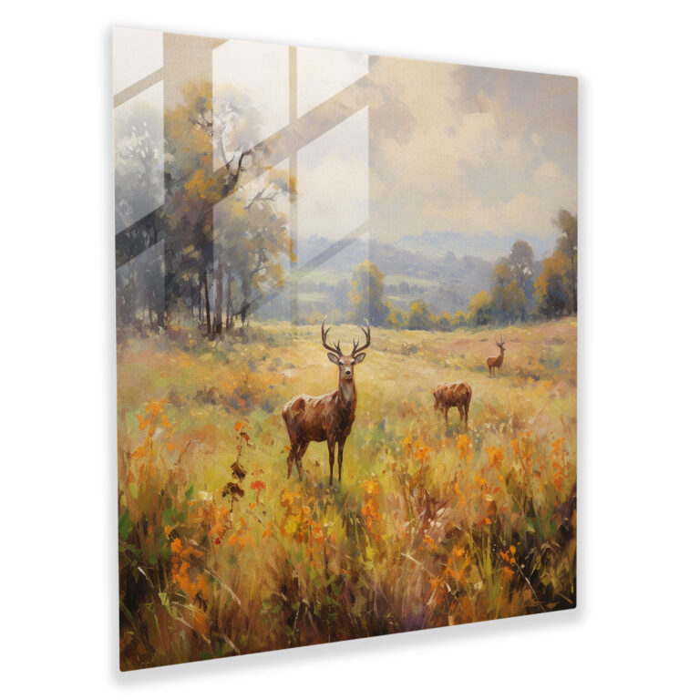 Serene Grazing Elks Glass Print - Elk, Elk, Wall Decoration, Modern Art