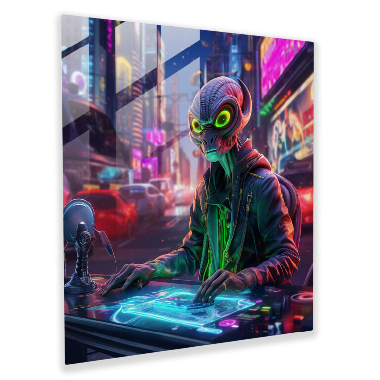 Funky Neon Alien Dj Glass Print - Funky, Alien Dj, Glass Art, Wall Decoration