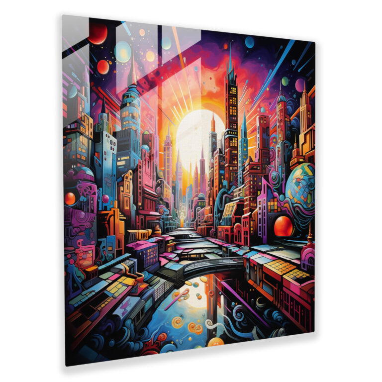 Funky Cityscape Glass Print - Funky, Modern Art, Wall Decoration, Vibrant Colors