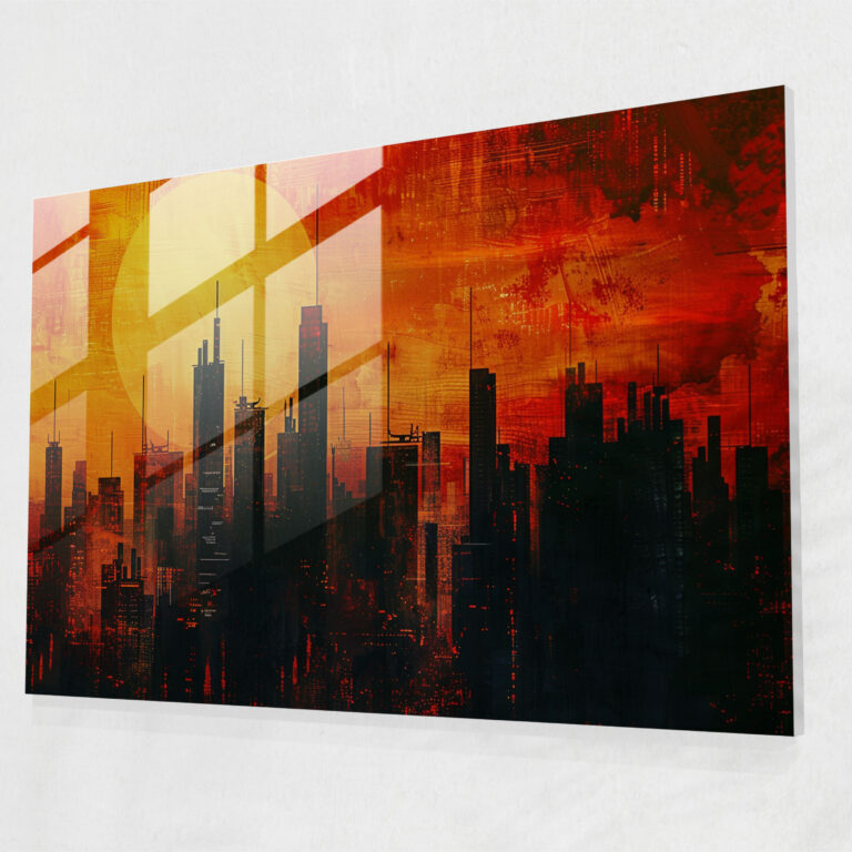 Fovism Glass Print: Sunset City Skyline - Fovism, Fovism Art Style, Modern Art, Home Decoration