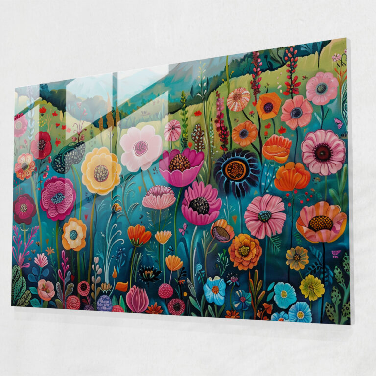 Fovism Glass Print: Whimsical Garden Flowers - Fovism, Wall Decoration, Home Decoration, Glass Print