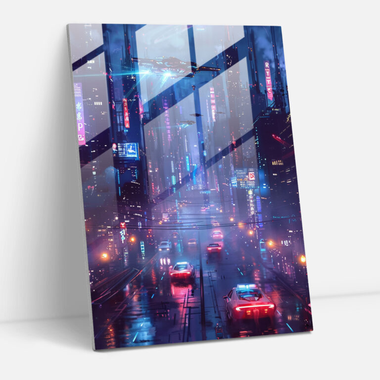 Neon City Glass Wall Art - Futurism, Flying Cars, Futurism Art Style, Glass Wall Art