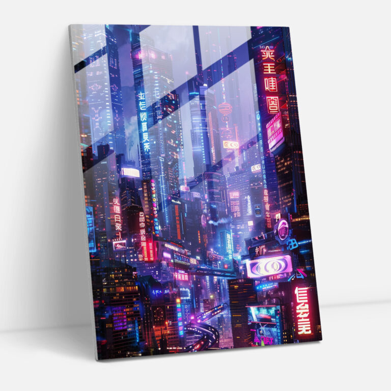 Cyberpunk Glass Art - Futurism, Glass Print, City Skyline, Modern Art