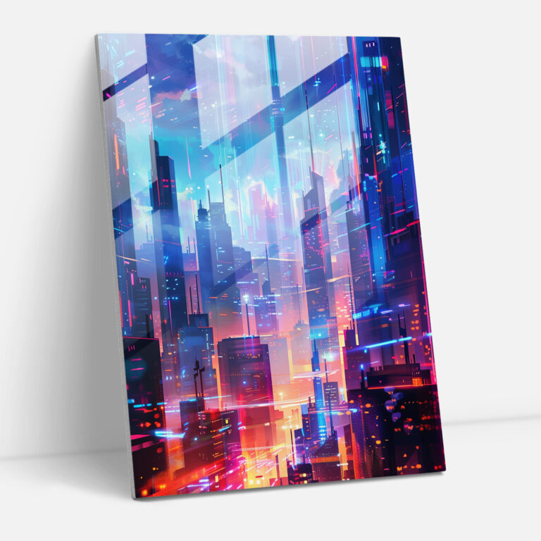 Holographic Skyline Glass Wall Art - Futurism, Home Decoration, Holographic Projections, Sleek Buildings